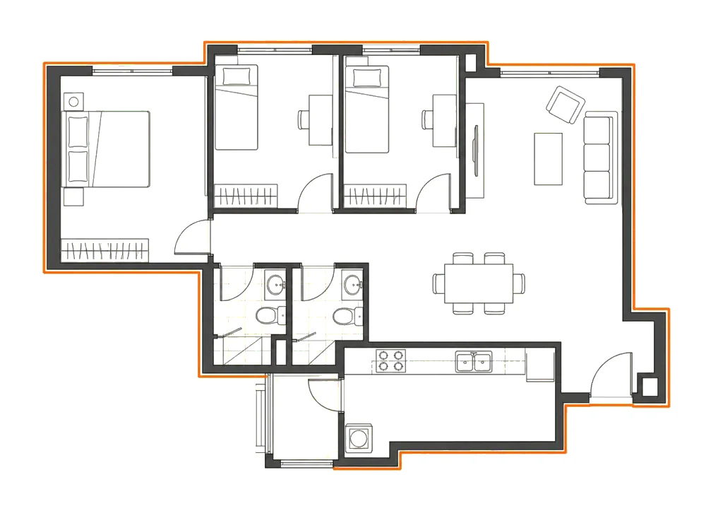 Four-room HDB floor plan with three bedrooms, two bathrooms, kitchen, service yard, and living-dining area